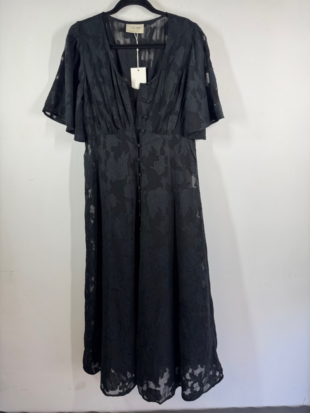 CREAM Black Jacquard Midi Dress Size 8 Sheer Sleeve Dark Romantic Chic Grunge - Picture 2 of 13